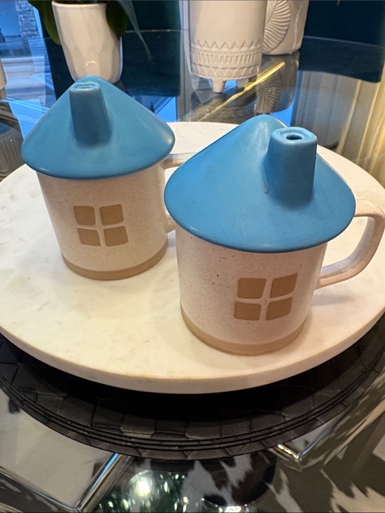 Other - Ceramic House-Shaped Sugar & Creamer Set in Blue and Beige